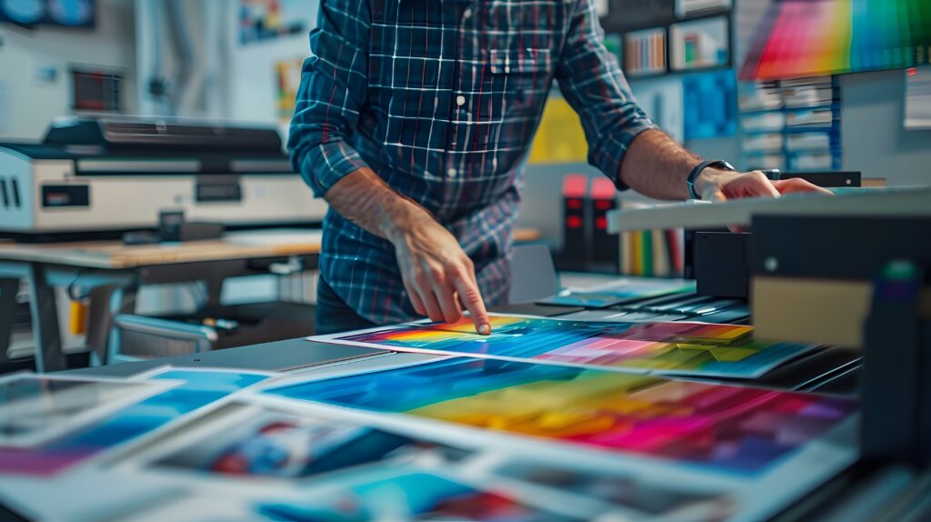 A technician in a print studio is meticulously calibrating a printer using advanced color management techniques. With an array of vibrant color charts and sophisticated tools, the technician ensures